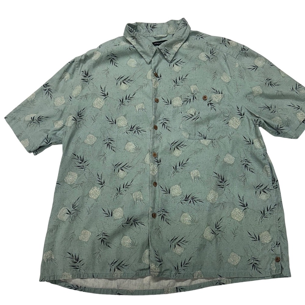 Statements Button Up Shirt Green Bamboo Tropical Silk Short Sleeve Mens XL